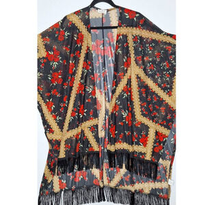 Ember Rose Floral Black Fringe Kimono Sheer Small Boho Duster Open Cardigan